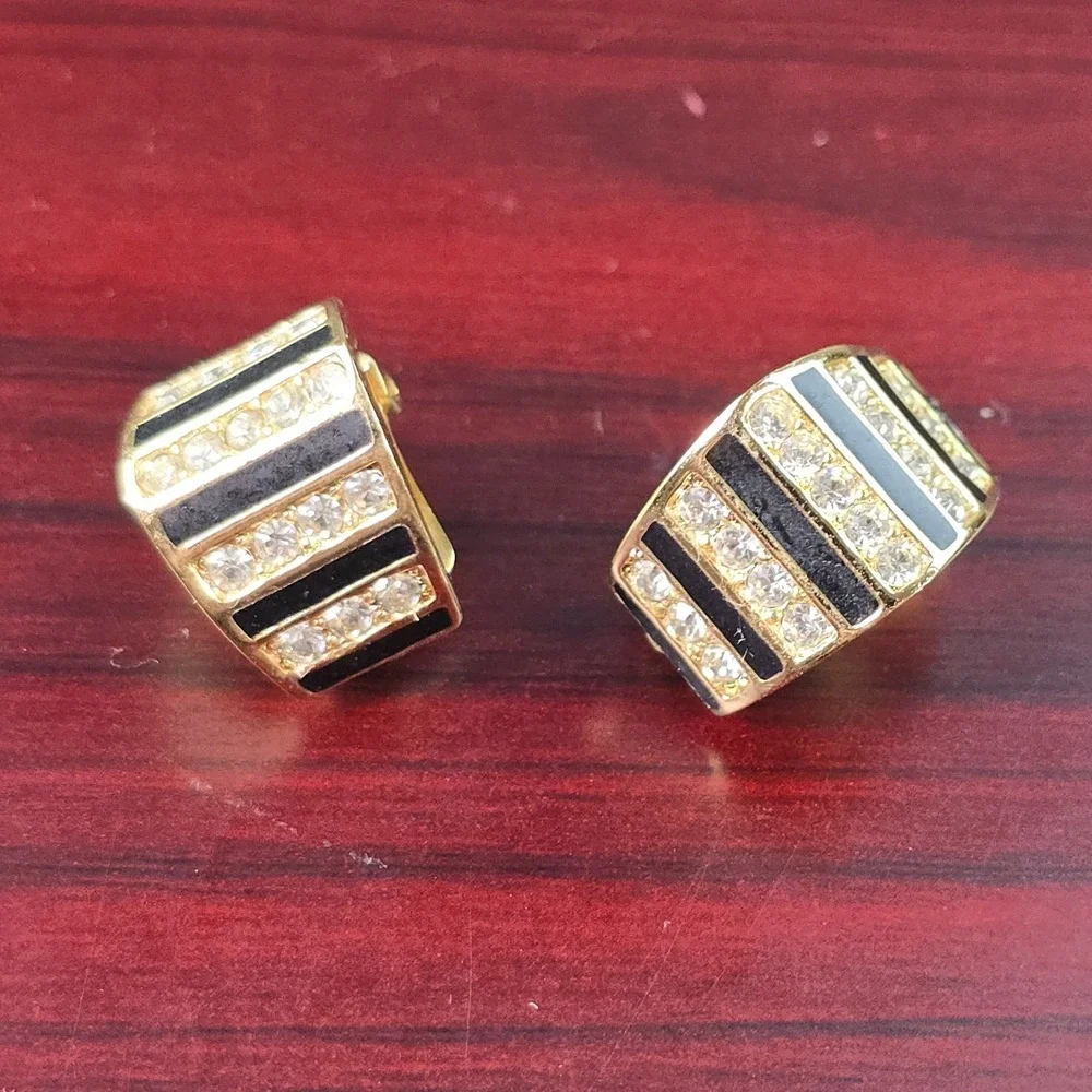 Christian Dior Germany Black Enamel Rhinestone Clip Earrings Vintage